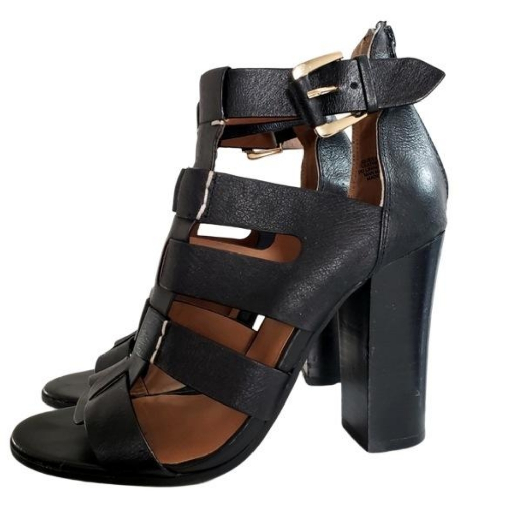 Steve Madden Black Leather Caged Open Toe Heels